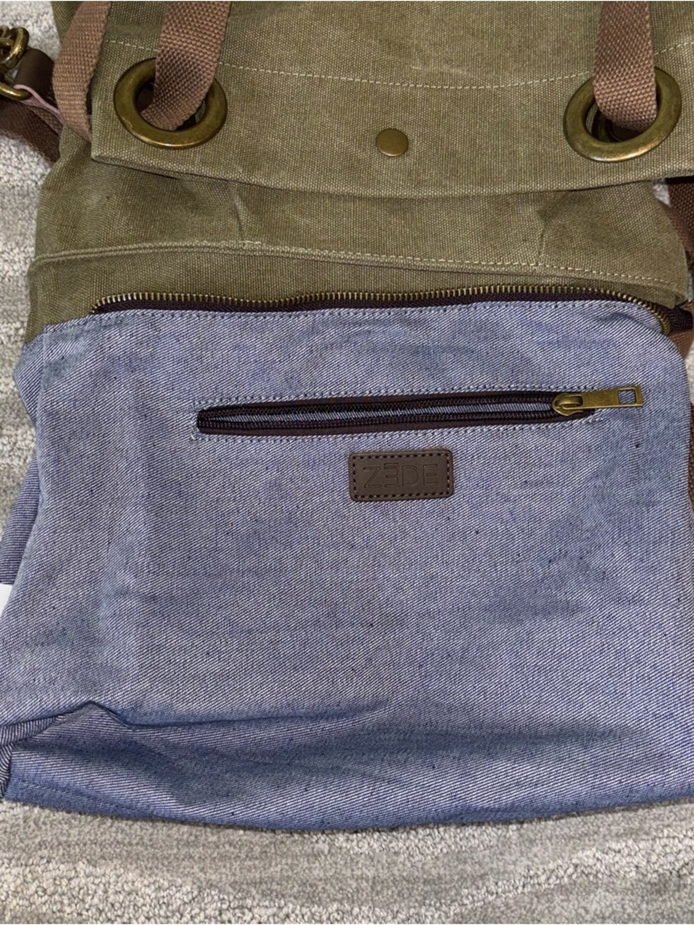 ZEDE Paris Pont Des Arts Mini Olive Canvas Leather Bag Tote W Crossbody Strap - Picture 14 of 15